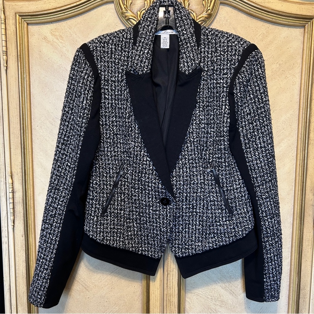 Kenneth Cole New York Black White Silver Metallic Tweed Blazer Brooklyn Jacket